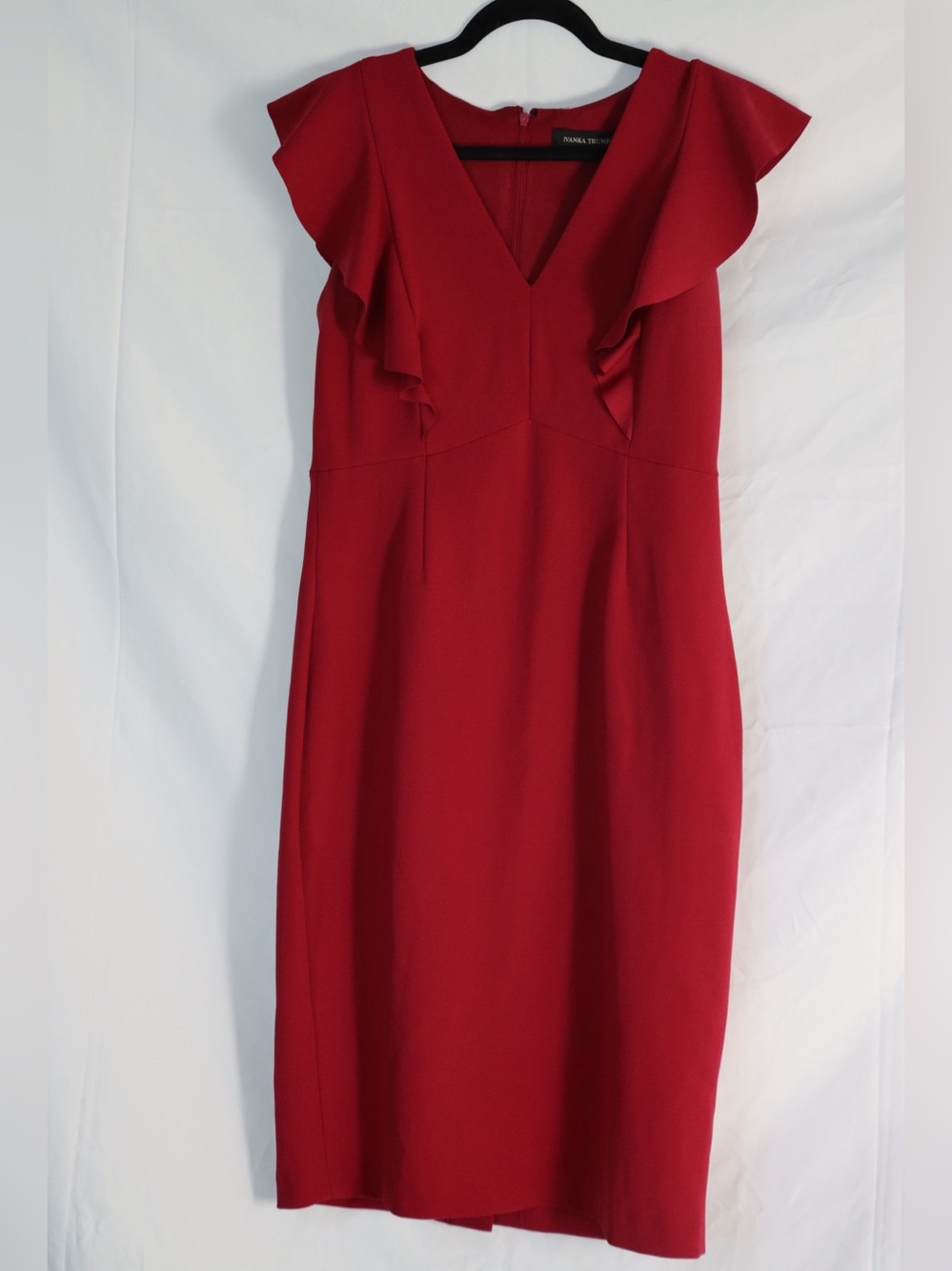 Ivanka Trump Red Ruffle-Shoulder Midi Sheath Dress
